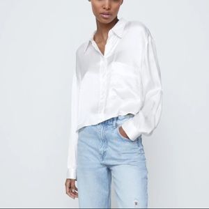 Zara Satin Button Down Shirt White Medium